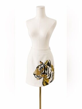Judith March White Handpainted Mini Skirt with Tiger Motif